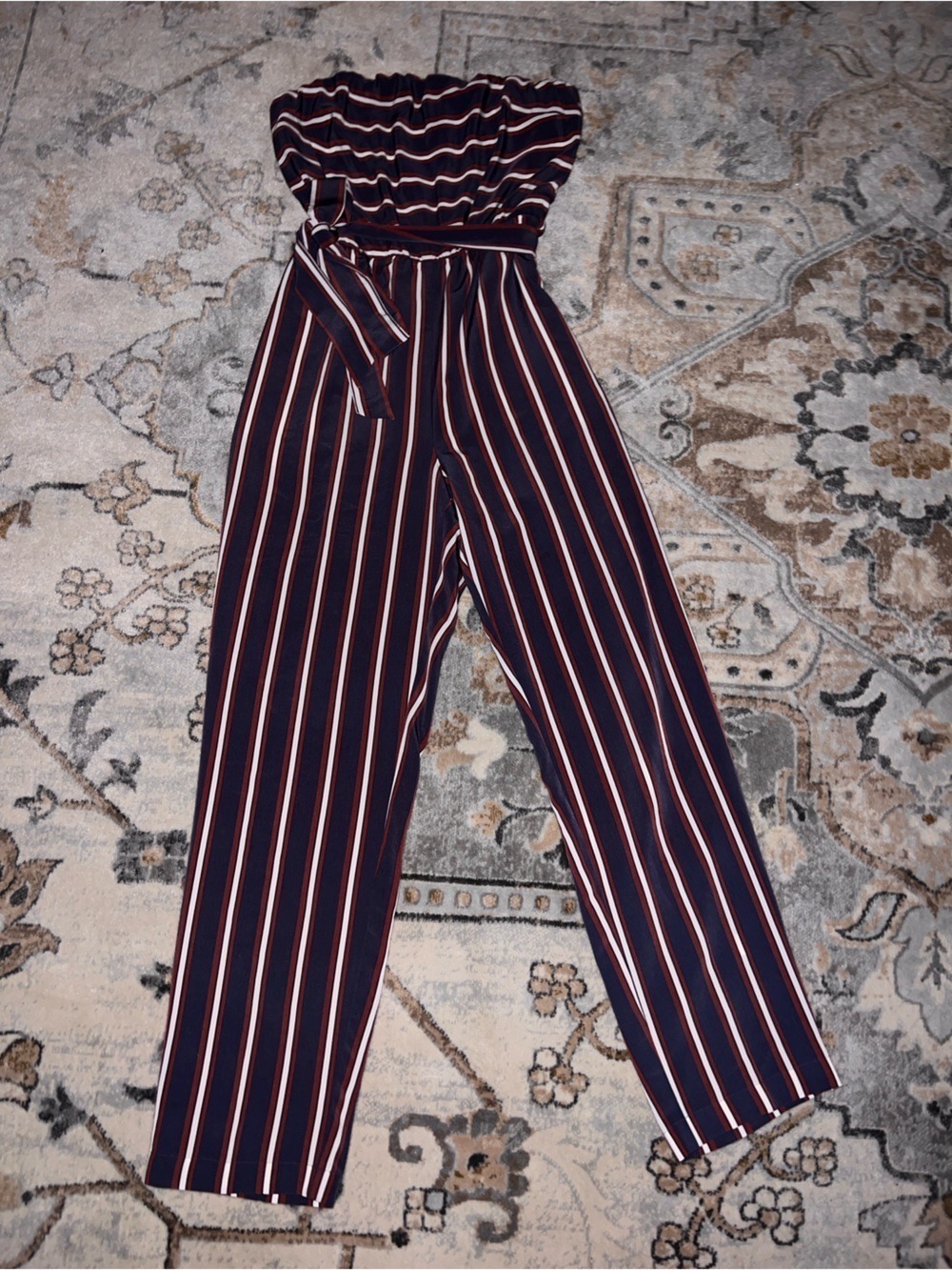 Express Navy Wide-Leg Jumpsuit with Red & White Stripes